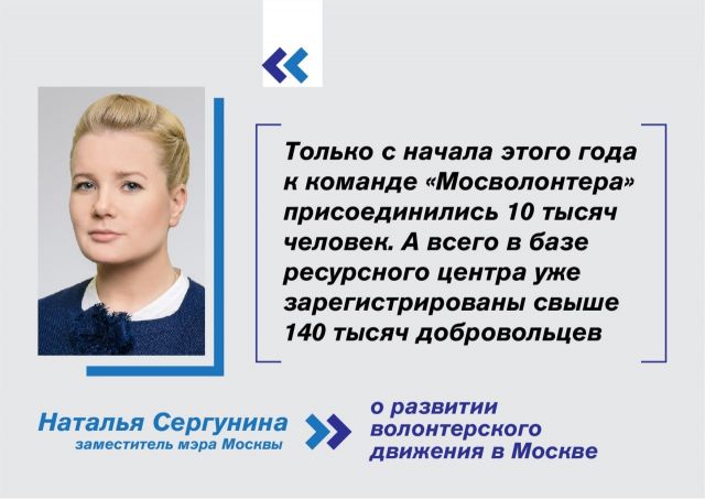 Наталья Сергунина: более 140 тысяч москвичей присоединились к команде «Мосволонтера» - фото 1